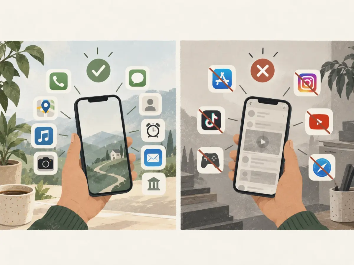 Two panels side by side. On the left, a hand holds a phone surrounded by the apps that stay: phone, messages, maps, music, camera, contacts, alarm, mail and a bank. On the right, the same hand with an app store, social apps, short video, games and a browser all crossed out.