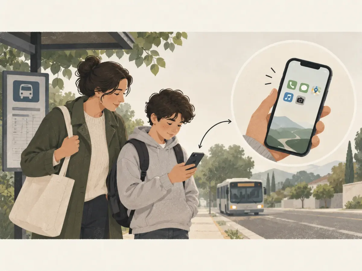 A parent and a teenager wait at a bus stop. The teenager looks at a phone whose home screen holds only a handful of apps.