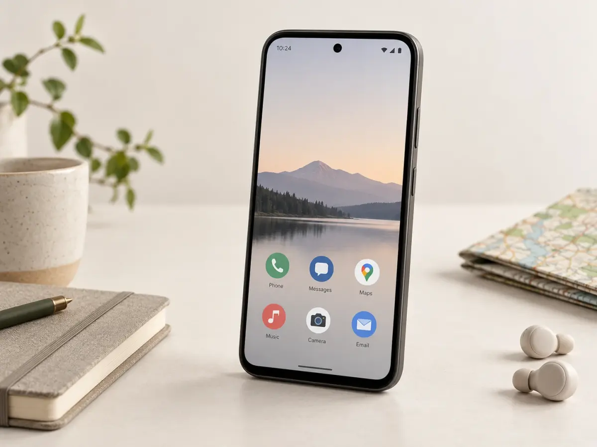A phone standing on a desk beside a notebook, a mug and earbuds. Its home screen shows six apps: Phone, Messages, Maps, Music, Camera and Email.